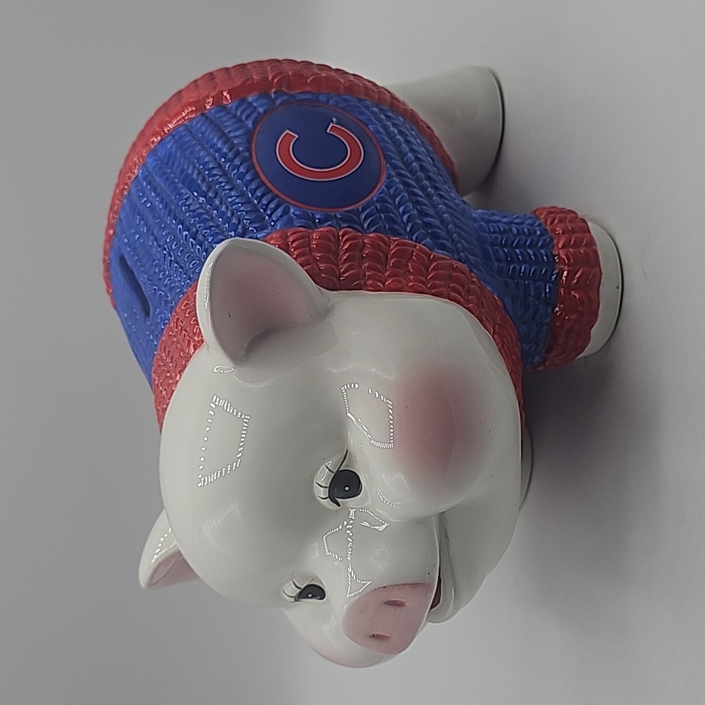 Vintage Chicago Cubs Baseball Ceramic Piggy Bank Pig in Cable Knit Sweater 11"